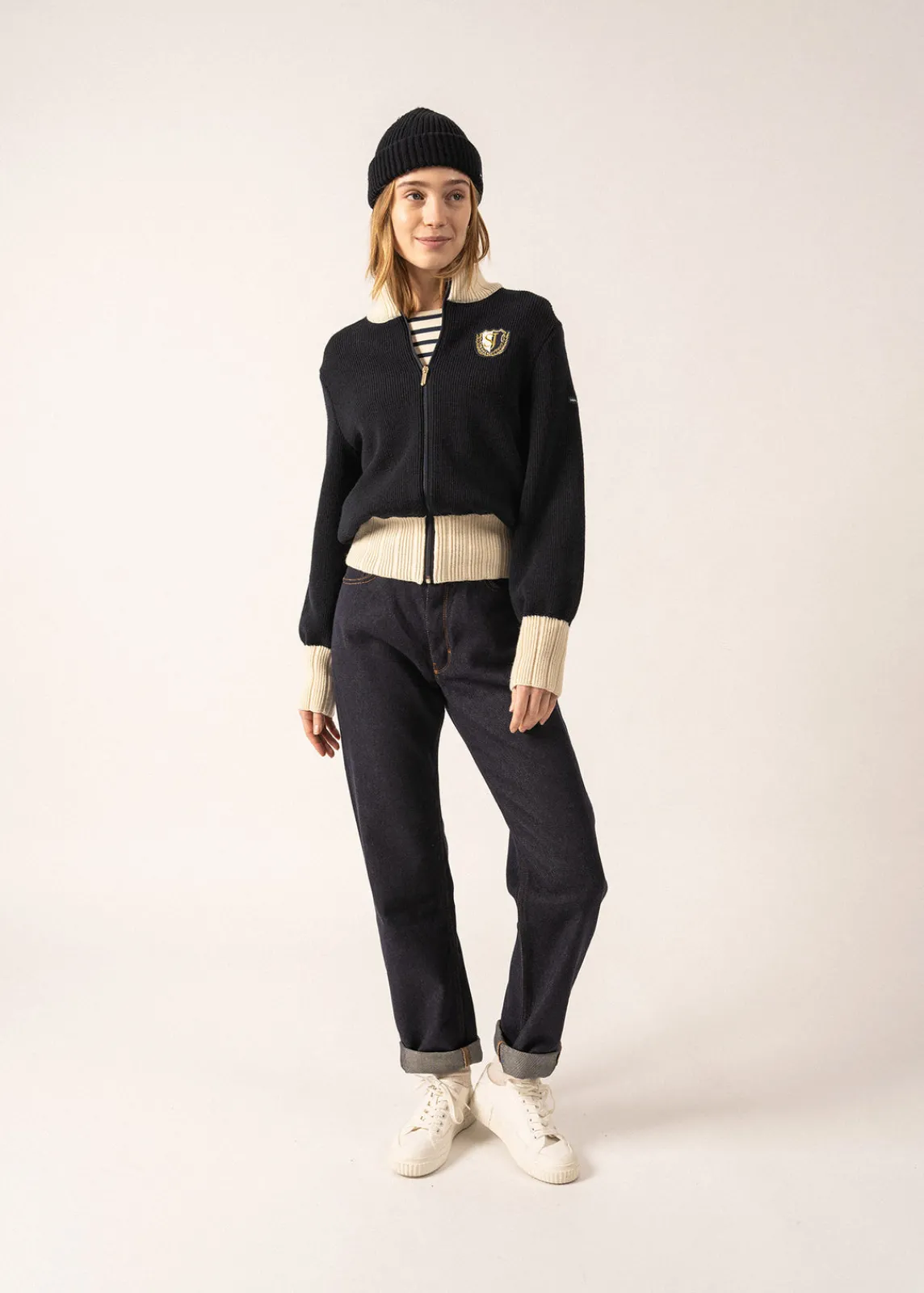 Saint James Jumpers, Cardigans, Jackets*Campus Sports-inspired Cardigan Navy/ecru