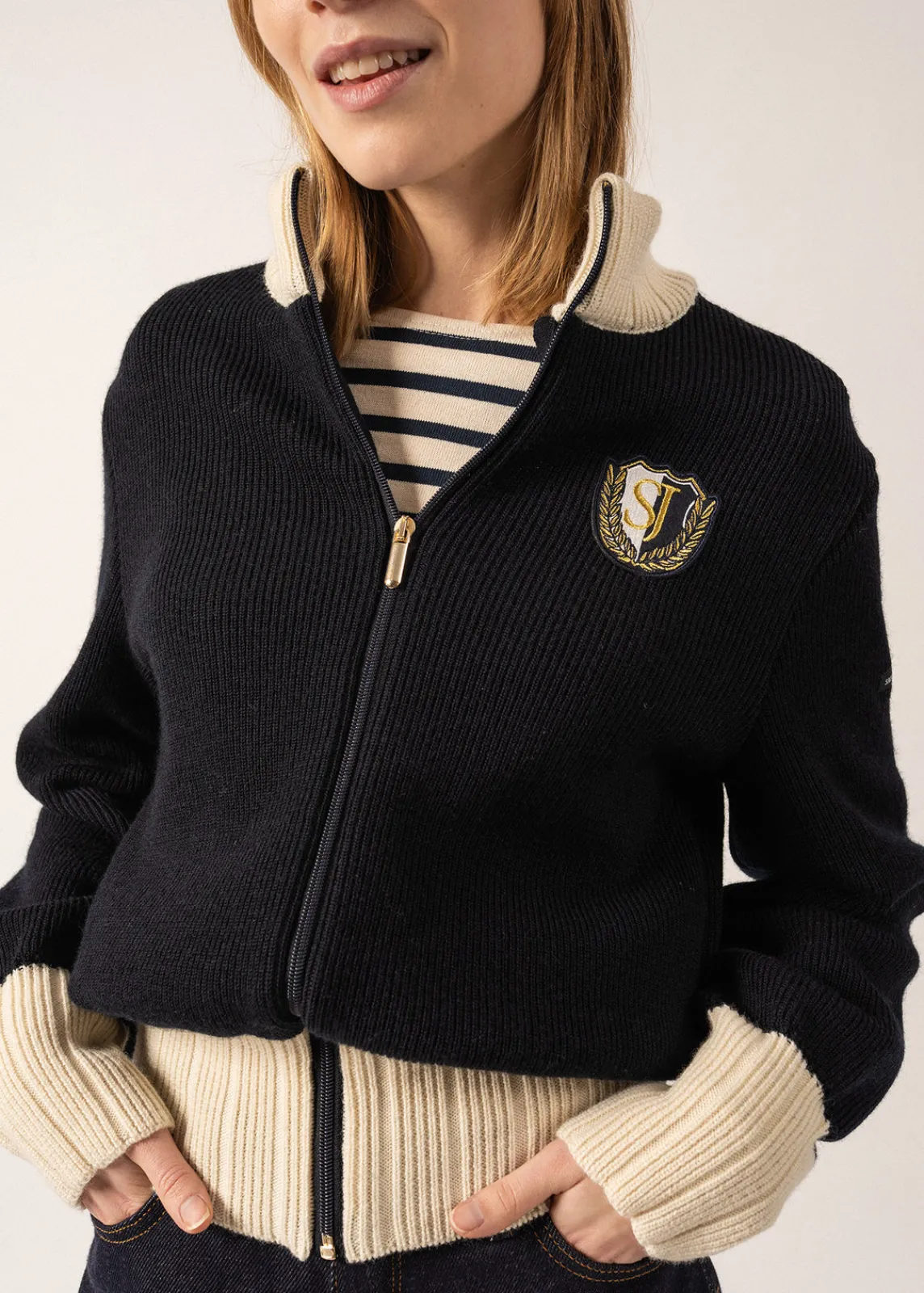 Saint James Jumpers, Cardigans, Jackets*Campus Sports-inspired Cardigan Navy/ecru