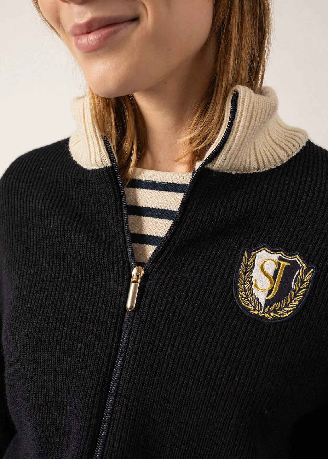 Saint James Jumpers, Cardigans, Jackets*Campus Sports-inspired Cardigan Navy/ecru