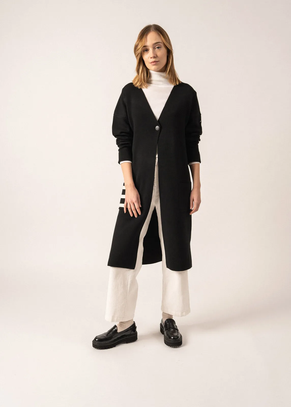Saint James Jumpers, Cardigans, Jackets*Cirrus Long Wool Gilet Noir/ecume
