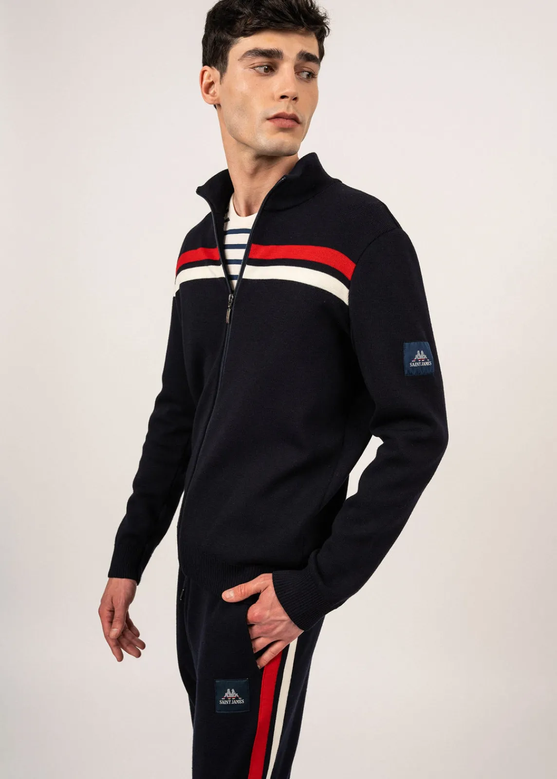 Saint James Jumpers & Cardigans*Conquérants zipped wool jacket Navy/ecume/tulipe