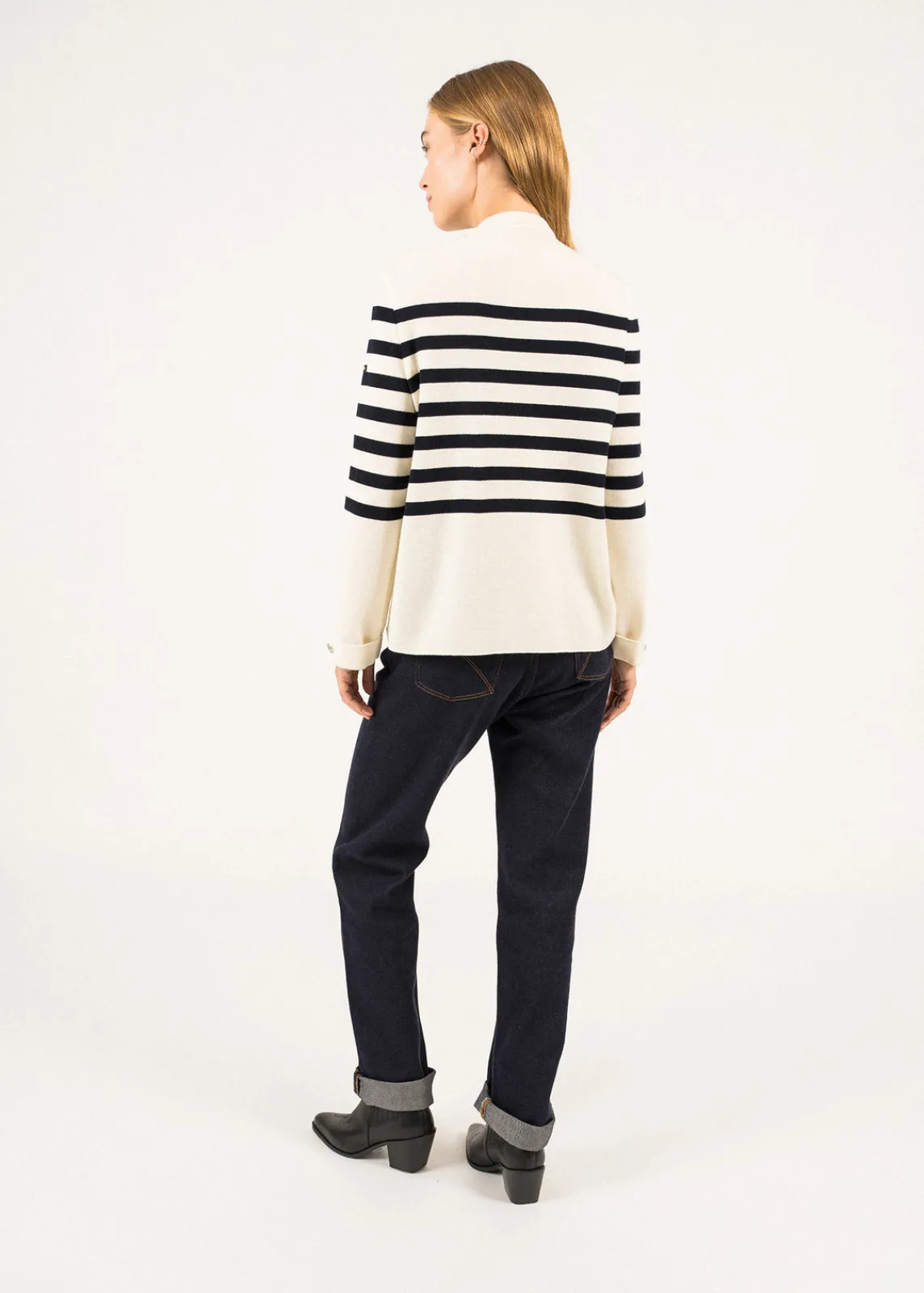 Saint James Sailor Jumpers|Sailor Jumpers*Docks Striped Wraparound Jumper Ecume/navy
