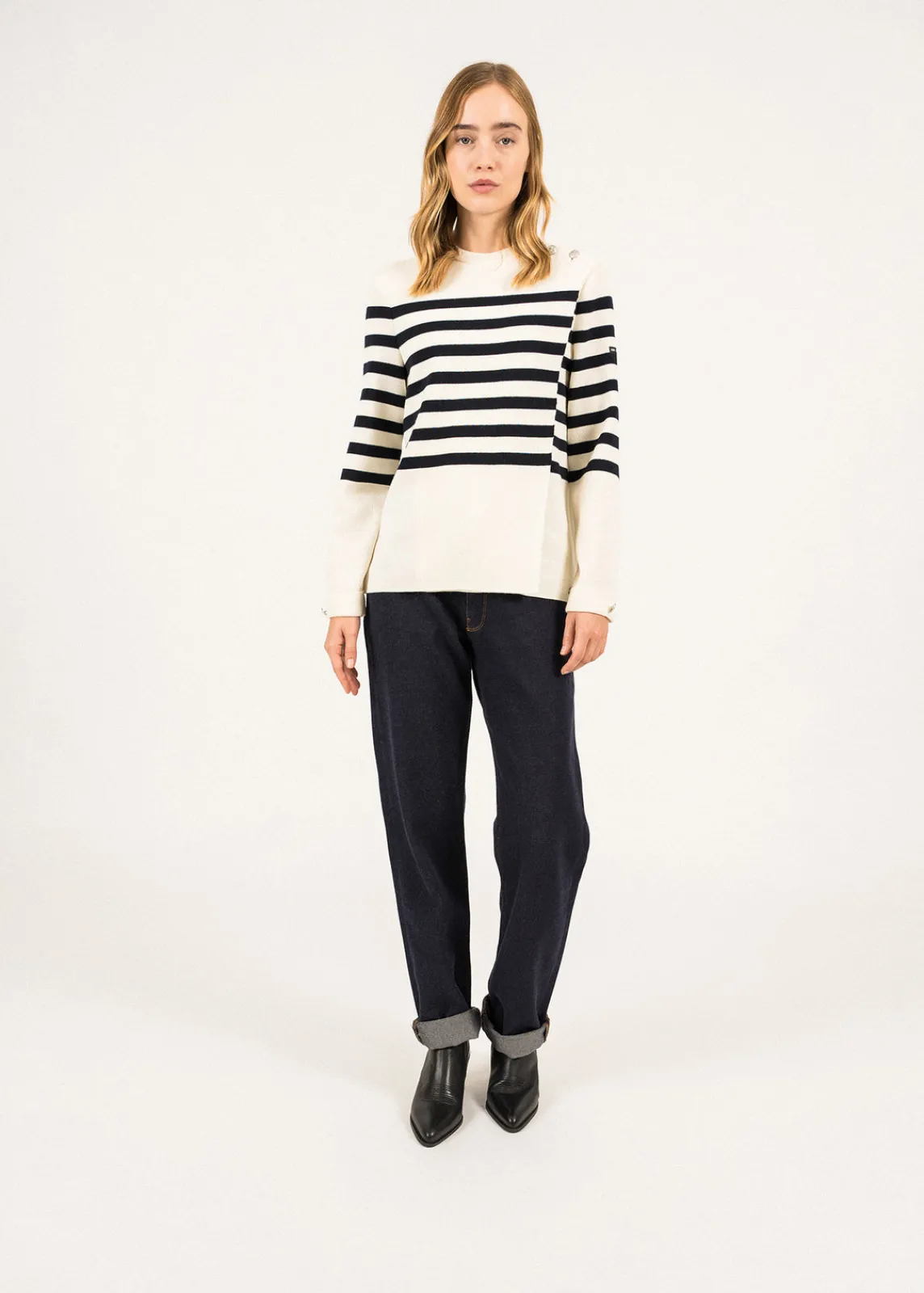Saint James Sailor Jumpers|Sailor Jumpers*Docks Striped Wraparound Jumper Ecume/navy