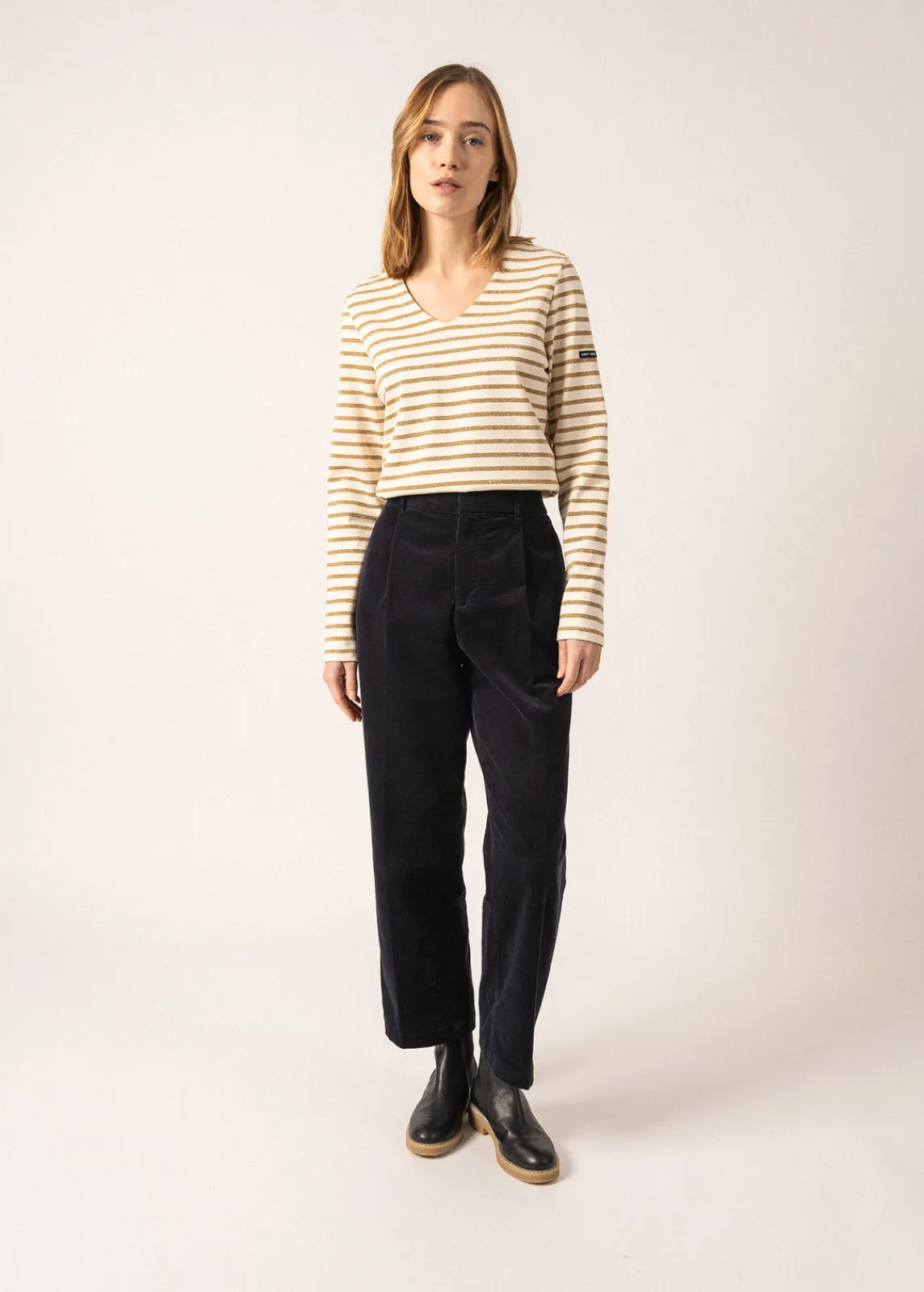 Saint James Sailor Striped Shirts*Puy T-Shirt V-Neck Ecume/or