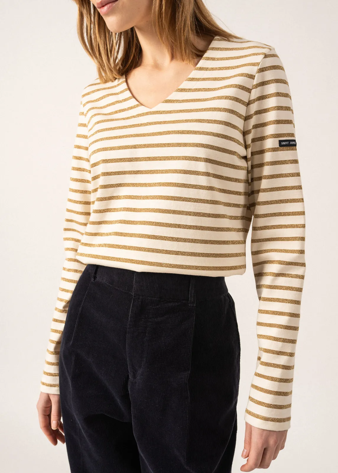 Saint James Sailor Striped Shirts*Puy T-Shirt V-Neck Ecume/or
