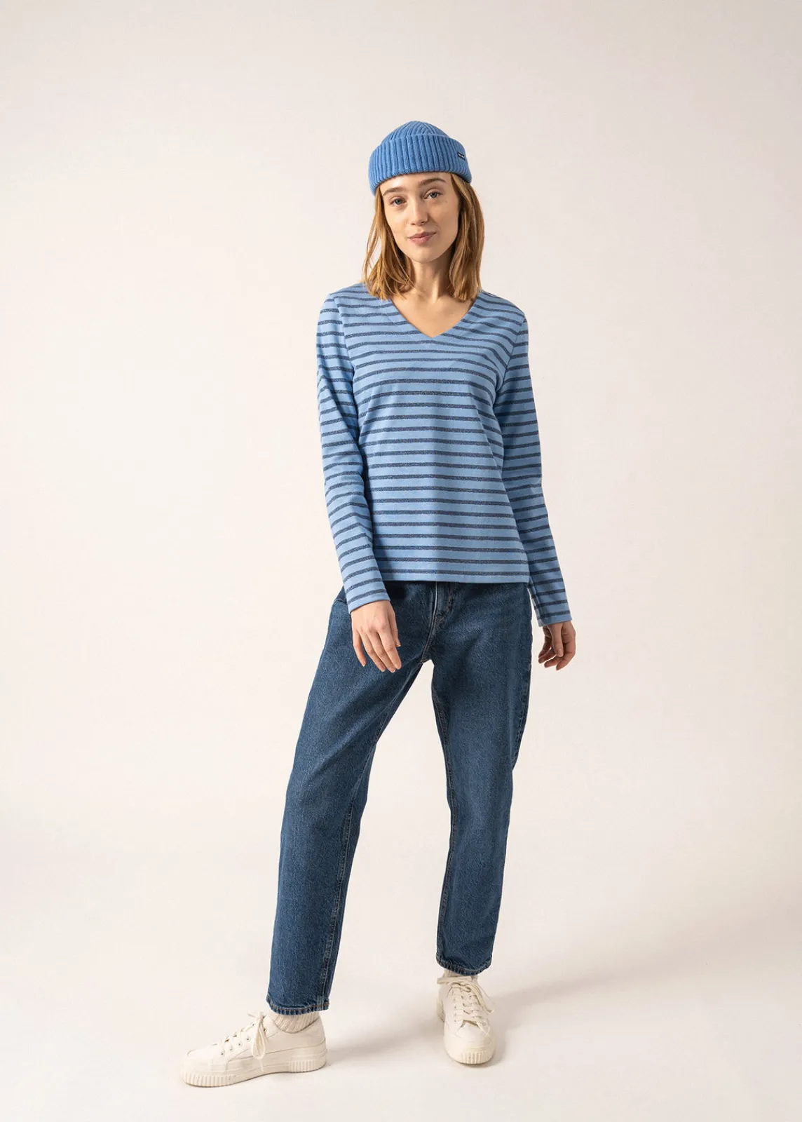 Saint James Sailor Striped Shirts*Puy T-Shirt V-Neck Oxygene/bleu