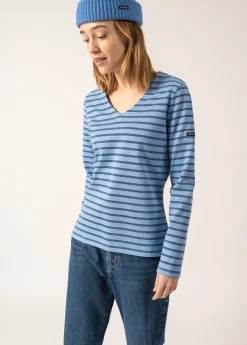 Saint James Sailor Striped Shirts*Puy T-Shirt V-Neck Oxygene/bleu