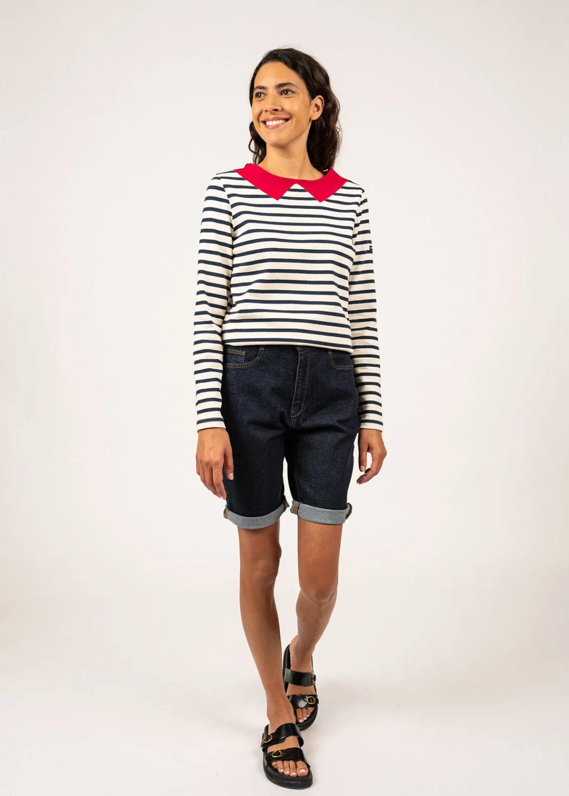 Saint James Sailor Striped Shirts*Vire sailor striped shirt with a contrasting collar Ecru/marine/tulipe